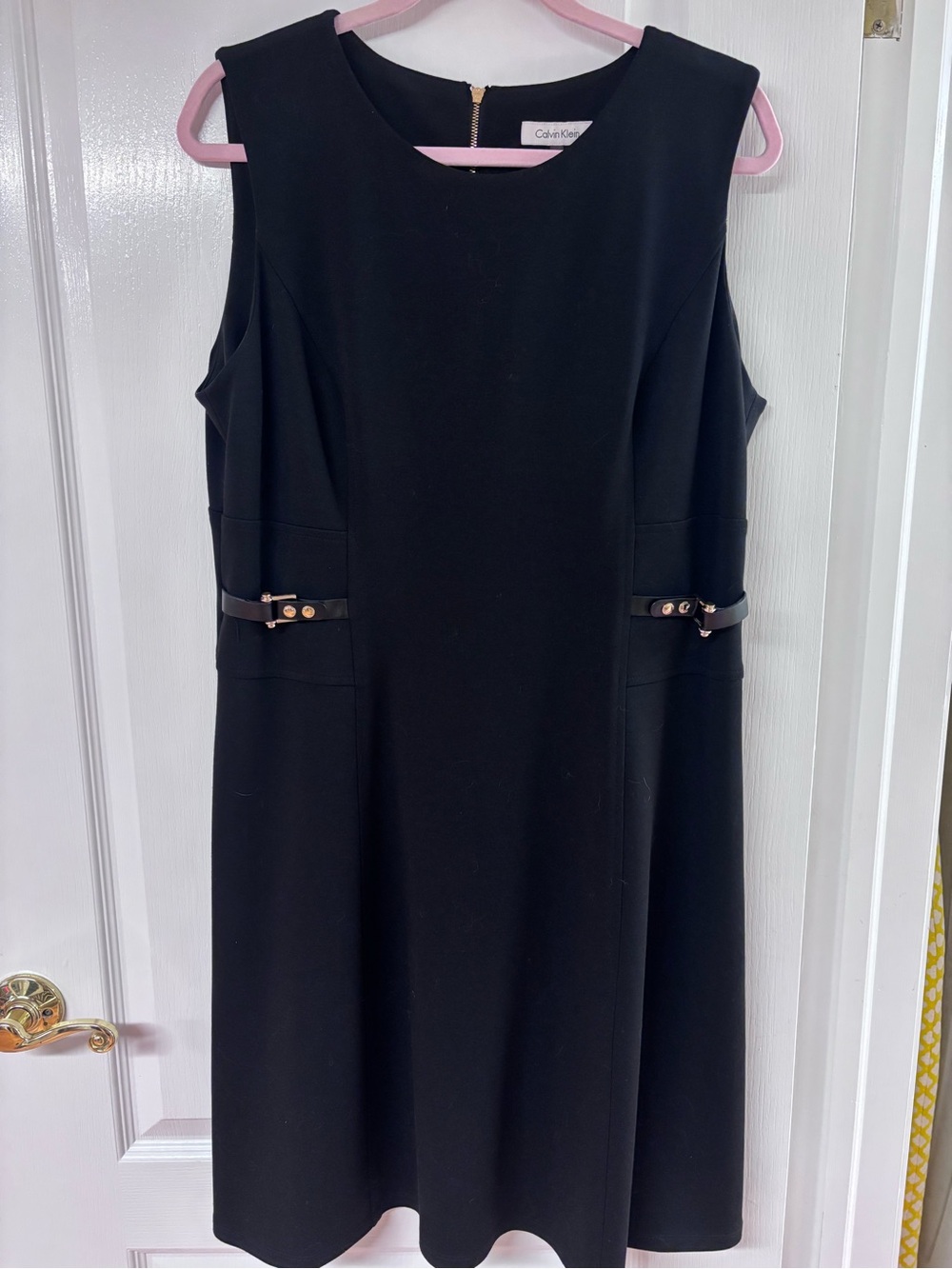 Calvin Klein Black Sleeveless Shift Dress with Subtle Buckle Accents